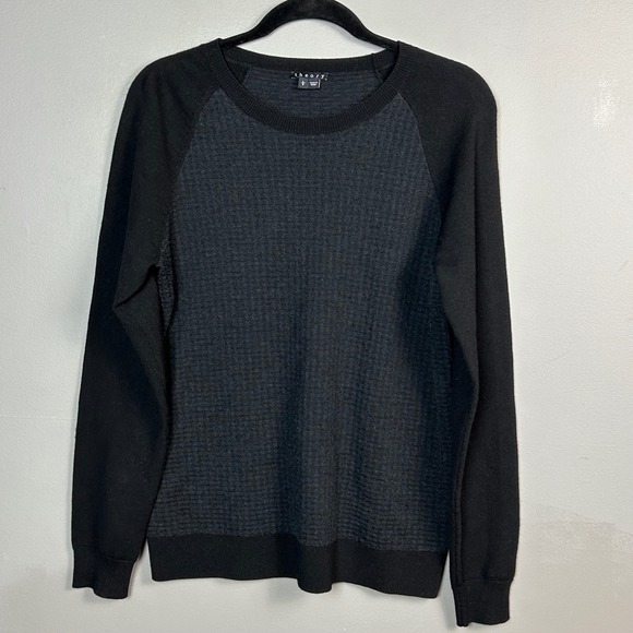 Theory Sweater Men's Large Crew‎ Neck Raglan Black Baseball Check Thermal Wool